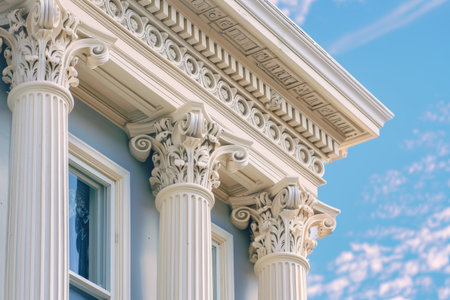 A building featuring tall columns under a clear blue sky, Incorporate intricate details such as friezes, pediments, and pilasters into a neoclassical structureの素材