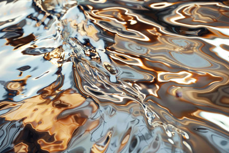 Close up of water with gold and silver reflections shimmering, creating a captivating sight, Incorporating metallic textures and reflective surfaces in the artworkの素材
