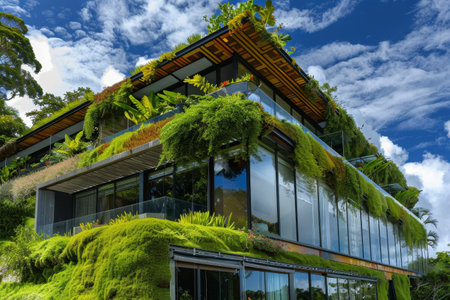 A house covered with lush greenery on its facade, creating a striking contrast against the buildings structure, Innovations in sustainable building practicesの素材