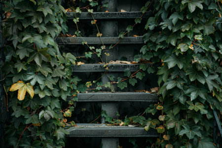 A set of stairs completely covered with ivy vines and foliage, Intertwined vines and foliage climbing up a staircaseの素材