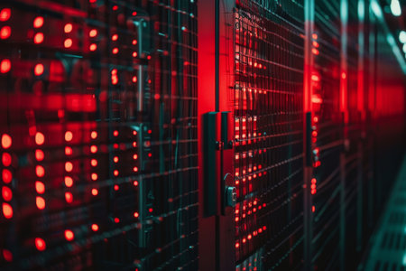 Server room in data center with red lighting indicating data activity and security measures, Interpret the idea of data breaches and their consequences for online privacyの素材