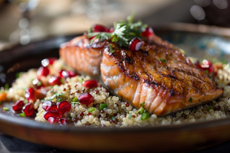 A close-up view of a plate of food featuring fresh salmon and juicy pomegranate seeds, Juicy pomegranate seeds sprinkled on top of a bed of quinoa and grilled salmonの素材