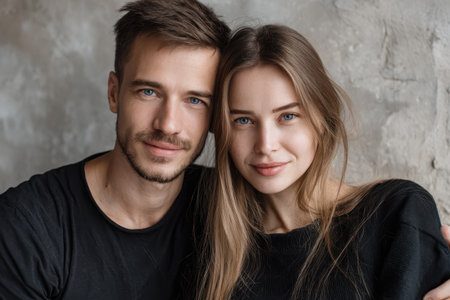 Young attractive couple poses casually together in a modern, minimalistic interior showcasing their connection and enjoyment of each other's company in a cozy settingの素材