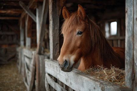 Realistic depiction of a horse in a rustic pen with wooden structure, showcasing a serene moment indoors during daylight in a country settingの素材