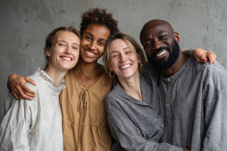 Cheerful diverse group of friends embracing each other indoors during a casual gathering in a cozy spaceの素材