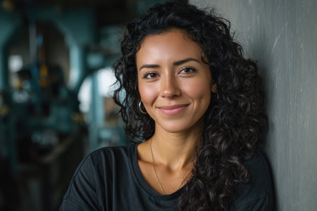 Beautiful Hispanic female smiling with curly hair against a neutral background in an industrial setting during the dayの素材