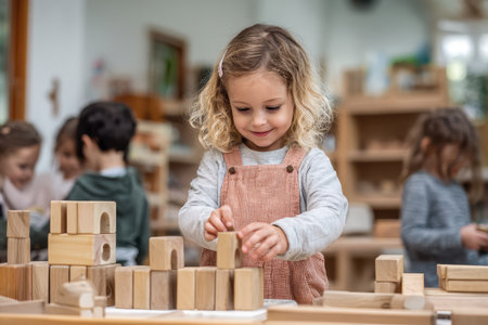 Exploring the benefits of Montessori education through hands-on activities with wooden blocks in a bright classroom environmentの素材