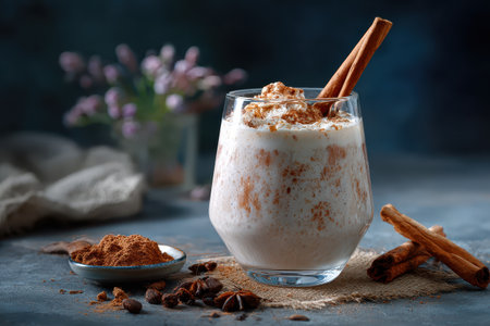 Delicious cinnamon milkshake in a glass with a sprinkle of cinnamon and topped with crunchy bits, surrounded by spices and flowers on a textured surfaceの素材