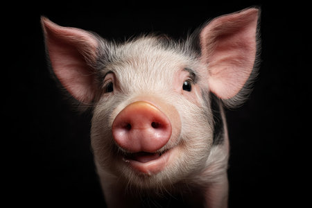 Cheerful pig smiling with pink ears and cute features against a dark background in a close-up portrait capturing its joyful spirit and personalityの素材