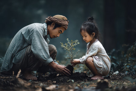Parent and little girl planting a young tree in a peaceful forest setting during the day, showcasing the bond between nature and family in a nurturing environmentの素材