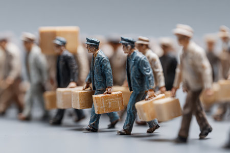 Figures carrying briefcases symbolizing layoffs and economic downturn during recession in a contemporary art settingの素材