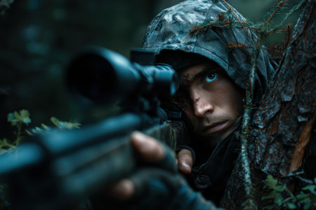 Hunter aims carefully at concealed prey while positioned behind a tree in a dense forest during twilight hoursの素材