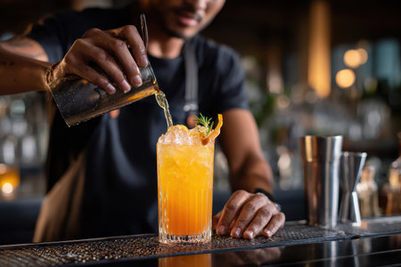 Bartender pours a vibrant orange drink into a tall glass while preparing a refreshing cocktail in a lively bar settingの素材