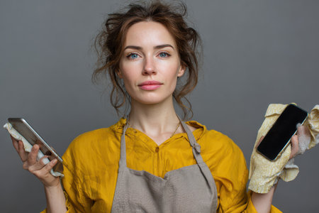 Woman multitasking as a housewife using smartphones while managing household chores in a simple indoor setting during the dayの素材