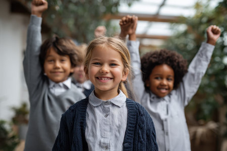 Excited diverse schoolchildren celebrating their achievements with raised arms and smiles in a bright classroom filled with greeneryの素材