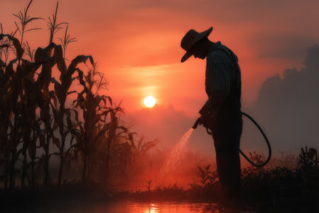 Silhouette of farmer irrigating corn at sunset in agricultural field with glowing sky and tall corn stalksの素材