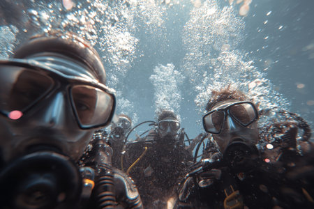 Group of divers exploring underwater life in a vibrant coral reef during a sunny day at a tropical locationの素材