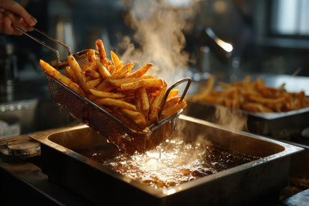 Cooking potato fries in slow motion, showcasing the bubbling oil and golden texture as the fries emerge from the deep fryerの素材