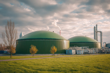 Industrial anaerobic digestion biogas systems with green domes under a cloudy sky in a rural area focused on renewable energy productionの素材