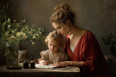 Mother and child engaged in creative work at a rustic table surrounded by natural light and beautiful floral elementsの素材