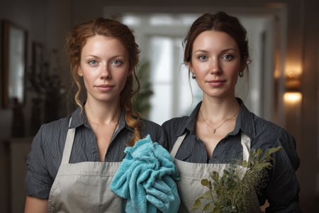 Two females engaged in housework, showcasing their housekeeping skills in a well-lit, tidy home environment with cleaning suppliesの素材