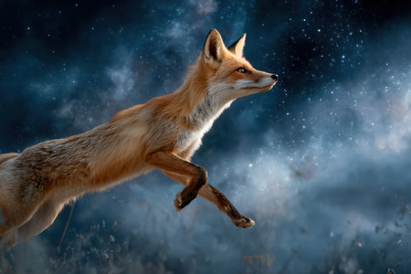 Celestial fox leaps gracefully across a starry night sky full of shimmering stars and cosmic beautyの素材