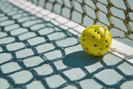 Yellow pickleball crosses net on court during a recreational game with players enjoying the sport in bright sunlightの素材