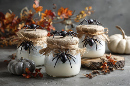 Halloween themed mason jars filled with spooky treats and decorated with artificial spiders and autumn elements at a festive gatheringの素材