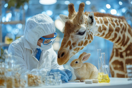 Vet conducts research with giraffe and rabbit in modern laboratory during a bright daytime, highlighting animal care and scientific innovationの素材