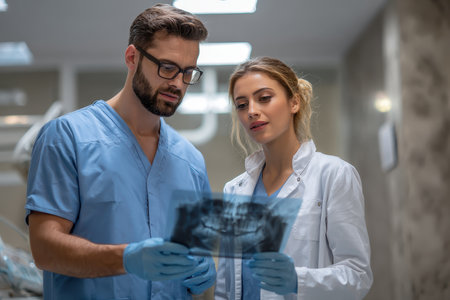 Dentists discussing dental problems while reviewing X-ray images in a modern clinic setting during a patient consultationの素材