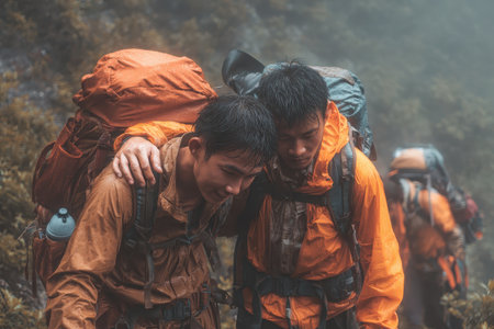 Hikers supporting each other during a challenging mountain trek in rainy weatherの素材
