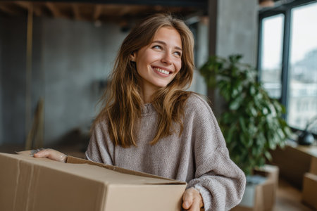 Happy woman unpacking a cardboard box in a modern interior, showcasing excitement and joy while organizing her new space in natural lightの素材