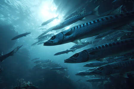 Exploring the underwater world while scuba diving with a school of barracudas in the vibrant ocean depthsの素材