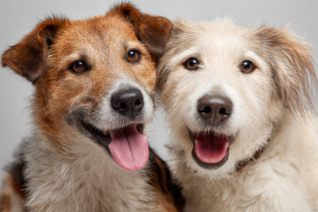 Joyful moment captured with two smiling dogs showcasing their happy expressions in a close-up setting with a neutral backgroundの素材