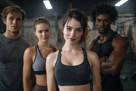 Fit individuals posing together in a gym setting, showcasing determination and camaraderie during a workout session in a modern fitness facilityの素材