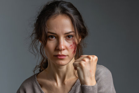 Young woman with bruises and clenched fist expressing resilience and strength in a dramatic portrait captured indoorsの素材