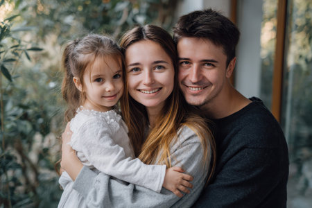 Joyful young family joyfully sharing love in a cozy home environment with their adopted daughter amidst greeneryの素材