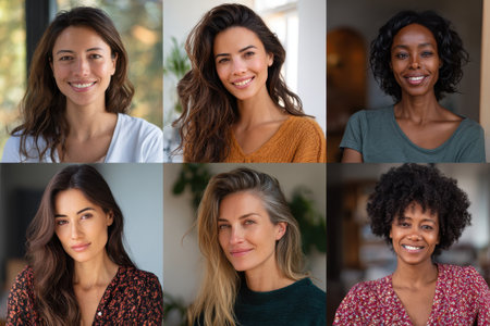 Collage of multiethnic women smiling and engaging with each other in a warm and inviting indoor setting during daylight hoursの素材