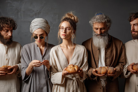 Celebration of passover with traditional jewish bread held by diverse participants in an indoor settingの素材