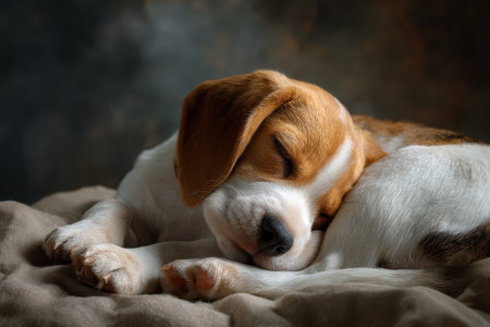 Adorable beagle puppy peacefully sleeping on a cozy blanket in a softly lit room creating a tranquil atmosphereの素材