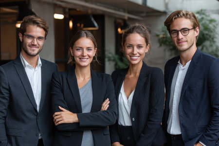 Young business team dressed professionally for a strategic meeting in a modern office environment during a weekdayの素材