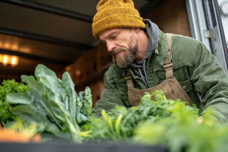 Man unloads fresh vegetables from delivery truck in early morning at local market, preparing for the day's businessの素材