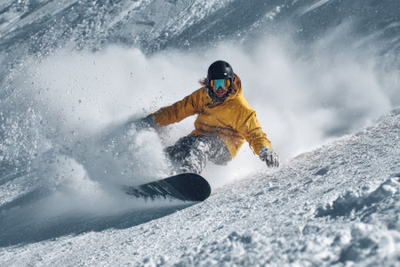 Extreme snowboarder enjoys riding fresh powder on a snowy mountain slope on a bright winter dayの素材
