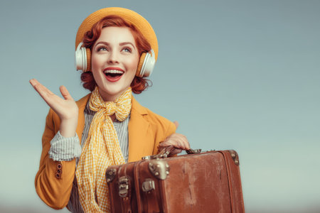 Young woman travel agent expresses excitement and joy while holding a vintage suitcase, promoting adventure and wanderlust in a sunny outdoor settingの素材