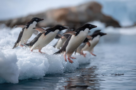 Adelie penguins leap into the ocean from an ice formation in Antarctica showcasing their agility during a sunny polar day in springの素材
