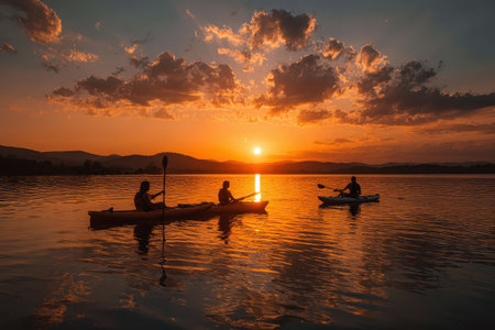 Silhouetted kayakers and paddle boarders enjoying sunset on a tranquil lake with vibrant sky huesの素材