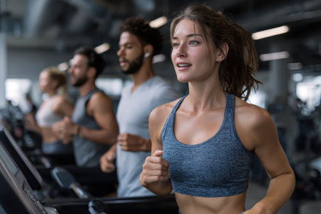 Group of people running on treadmills in a fitness gym during a busy morning workout sessionの素材