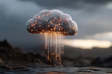 Futuristic cloud computing technology concept with digital circuits and glowing data streams suspended above a rugged landscape during twilightの素材
