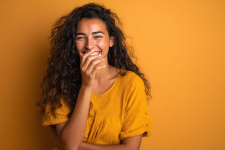Mixed race woman laughing joyfully while covering her mouth, showcasing happiness in a vibrant setting with a bright yellow backgroundの素材