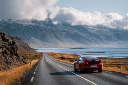 Red car travels along a scenic highway in Iceland with mountains and coastline in the background during daytimeの素材
